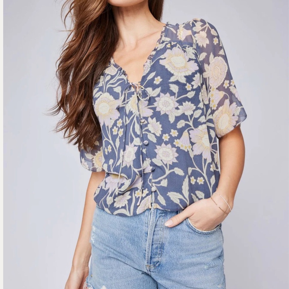 Gentle Fawn Navy Floral Blouse Flowy Ruffle Tie Front Boho Top Small Feminine